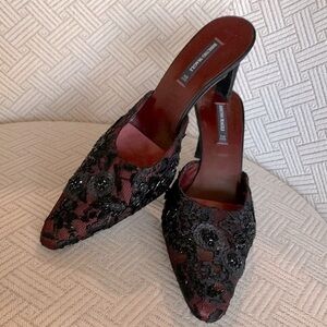 BRUNO Magli sequined lace slip on mules burgundy/black womens sz 7.5